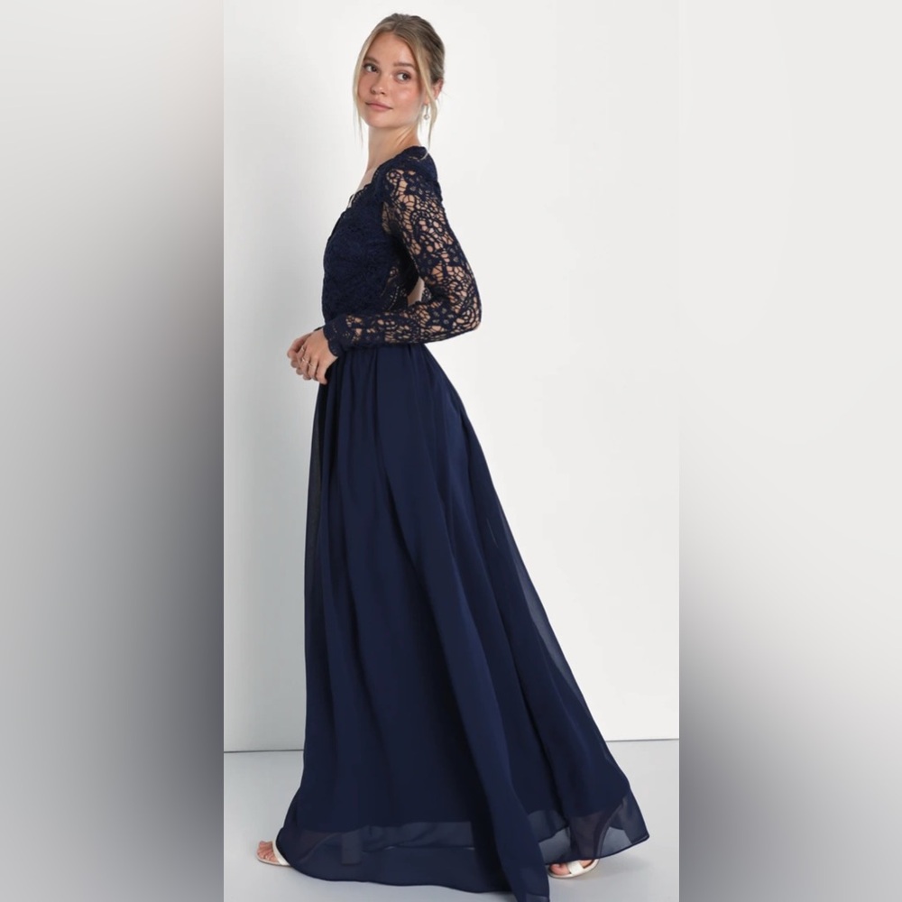 EUC Awaken My Love Lulus Navy Blue Long Sleeve Lace Maxi Dress
